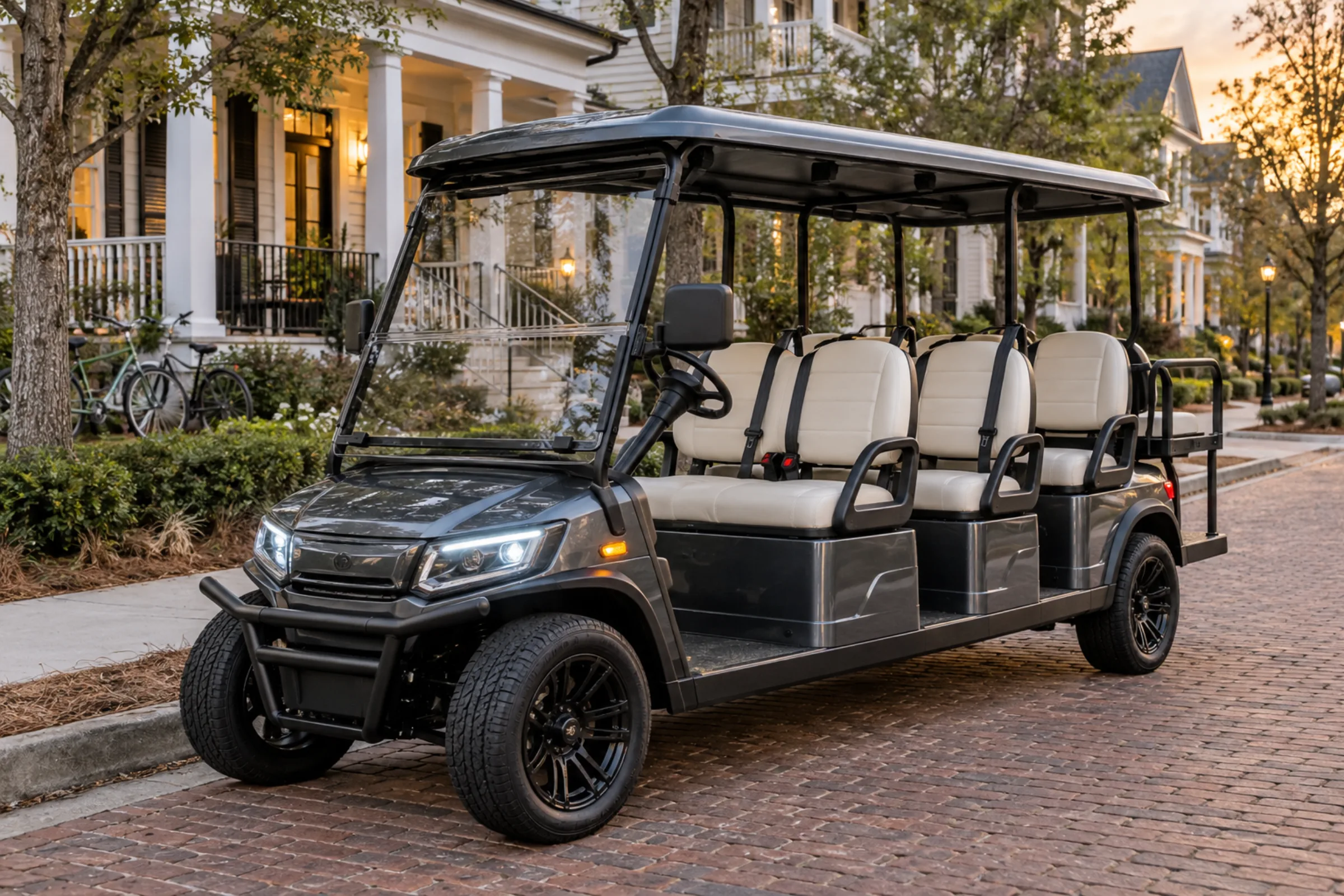 Graphite six-passenger street golf cart on a Daniel Island residential block