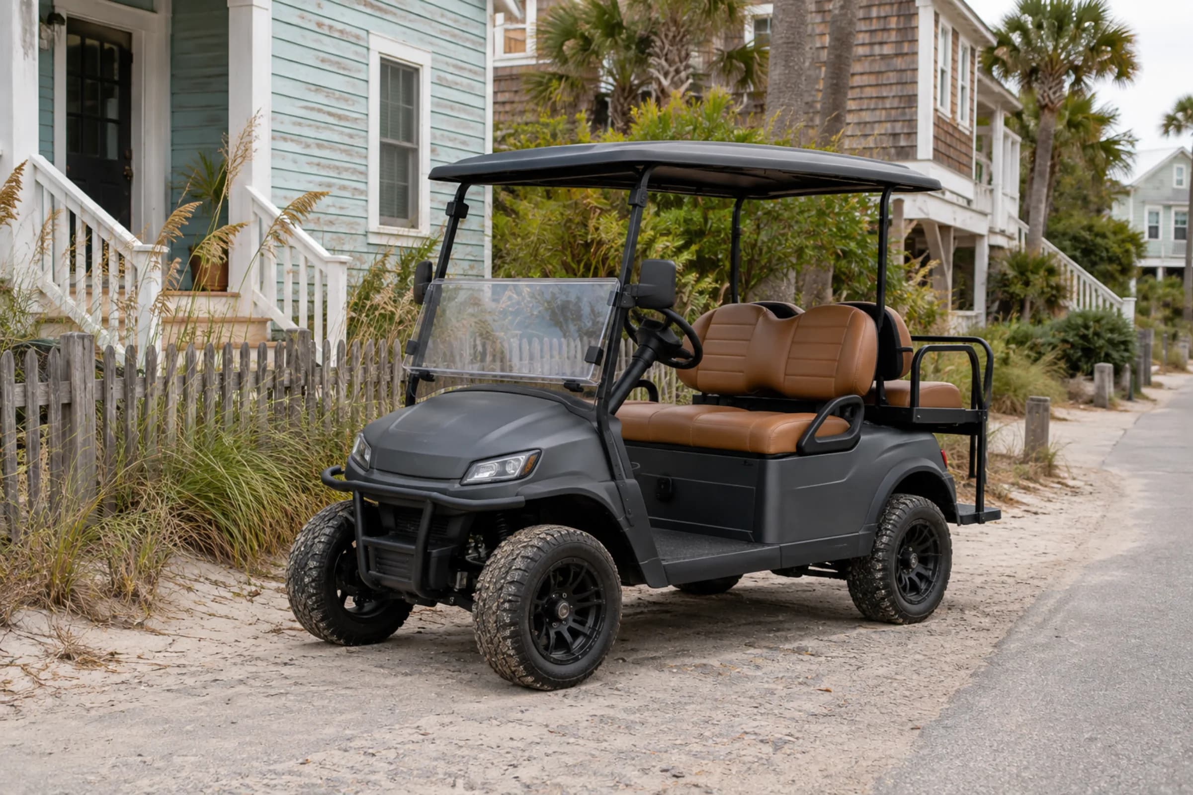 Charcoal customized golf cart parked outside a Folly Beach cottage