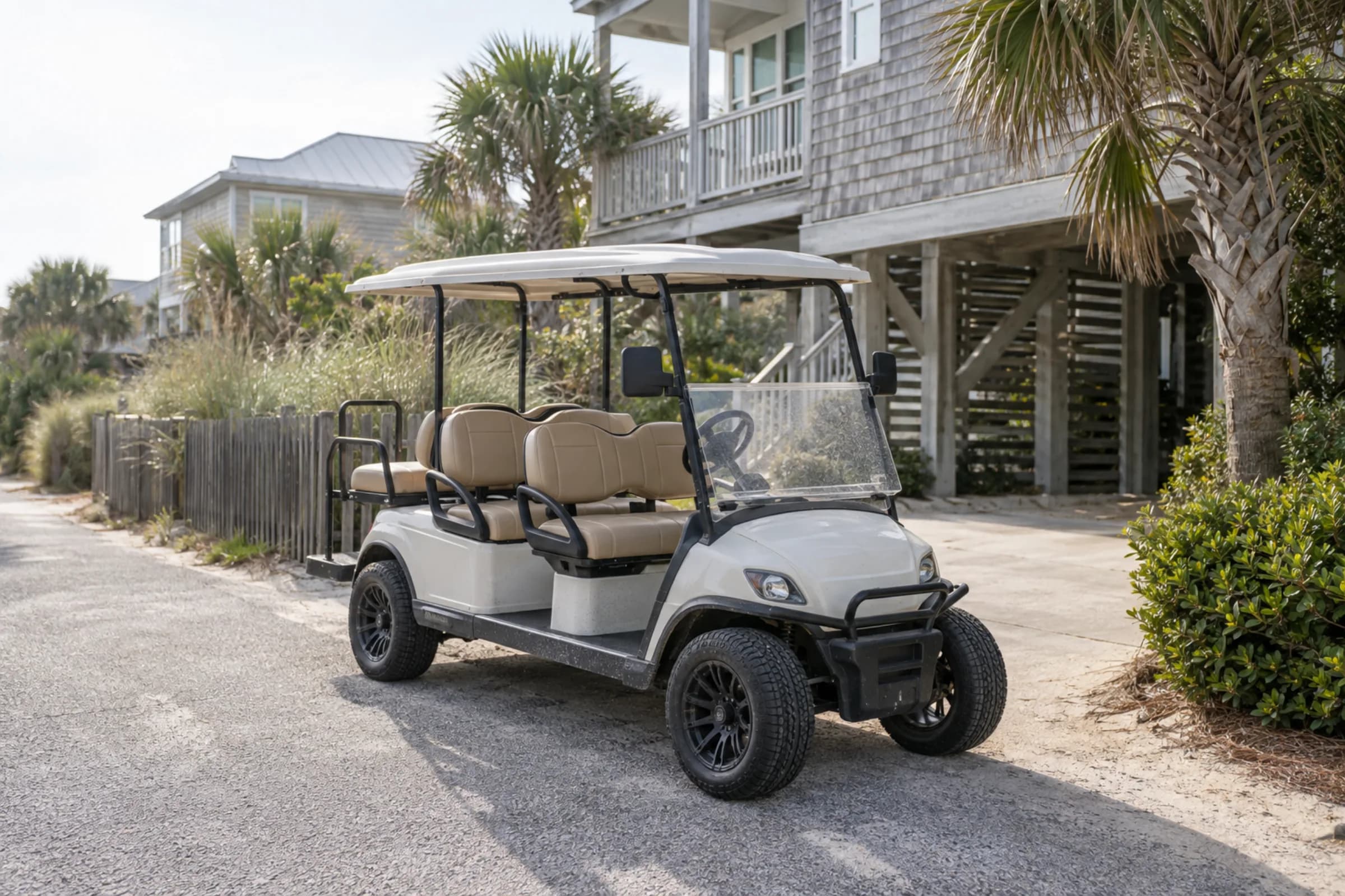 Customized white golf cart beside a raised coastal home on Isle of Palms