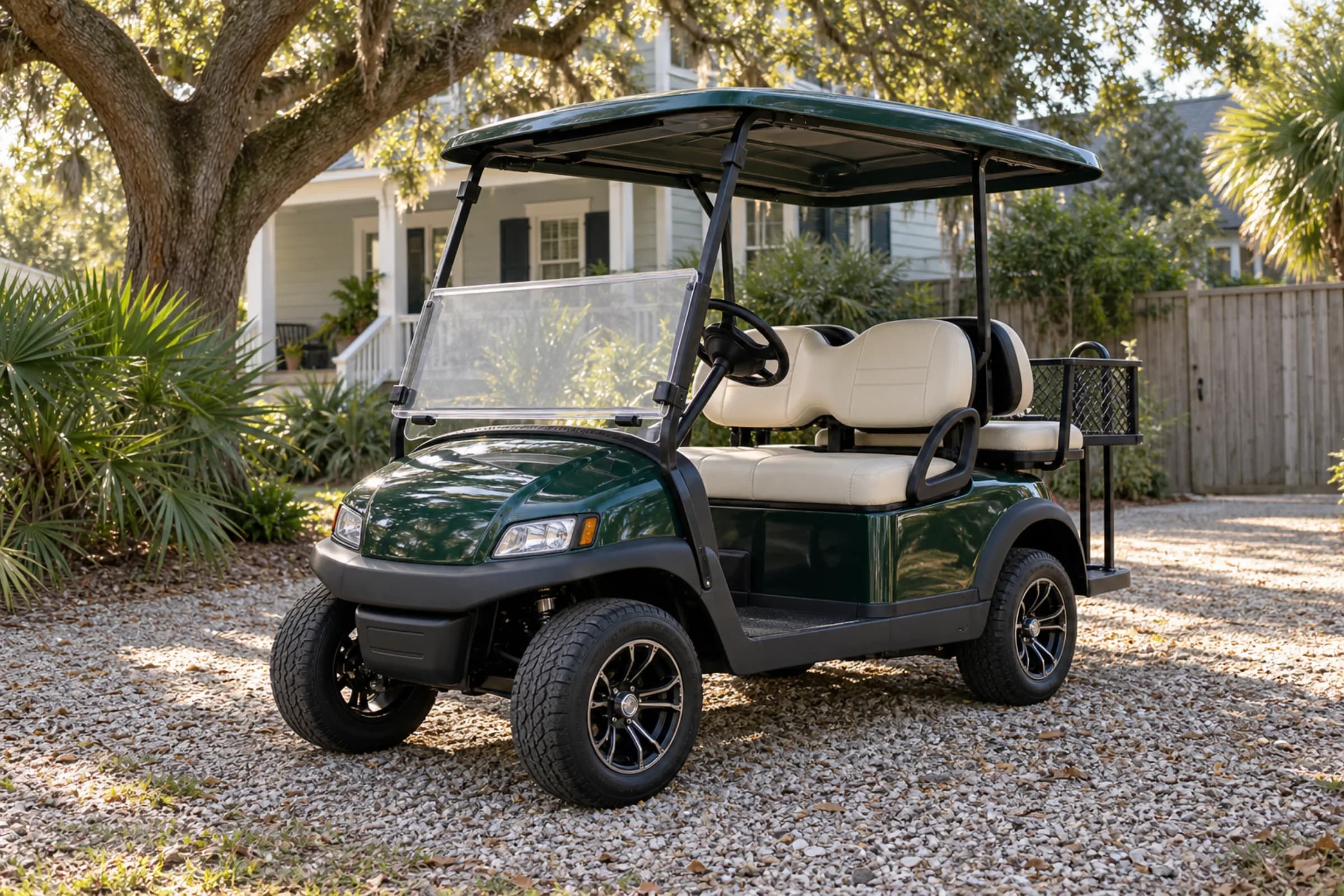 Forest-green customized golf cart beside a James Island bungalow