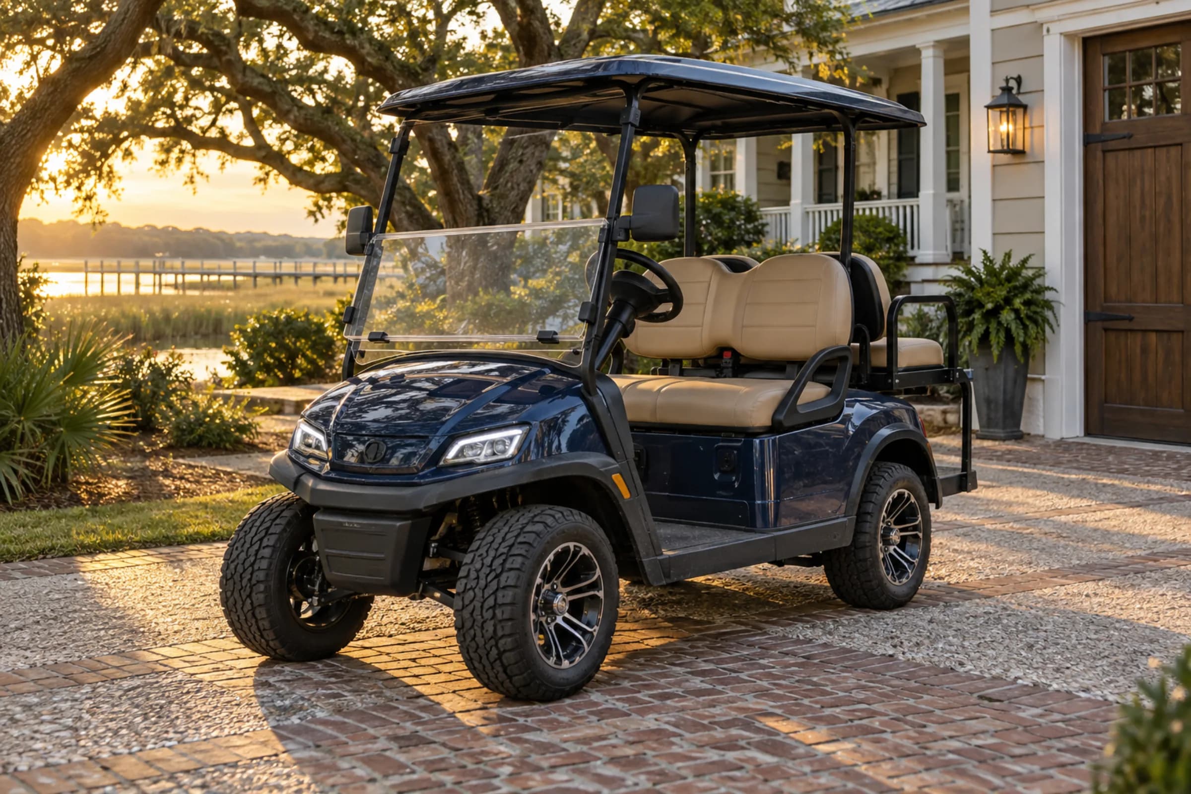 Dark blue customized golf cart in an oak-shaded Mount Pleasant driveway
