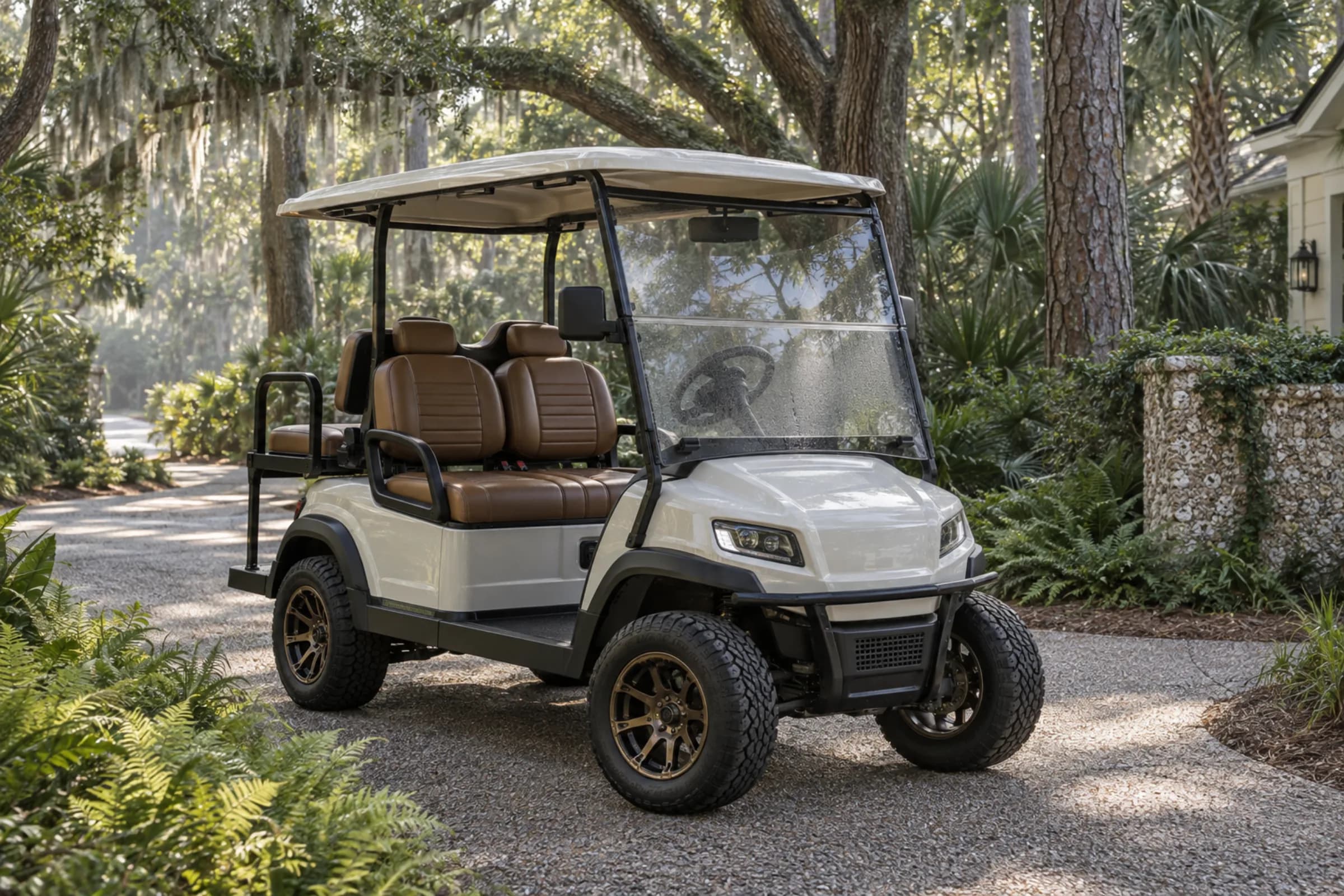 Customized white golf cart beneath the maritime canopy on Seabrook Island