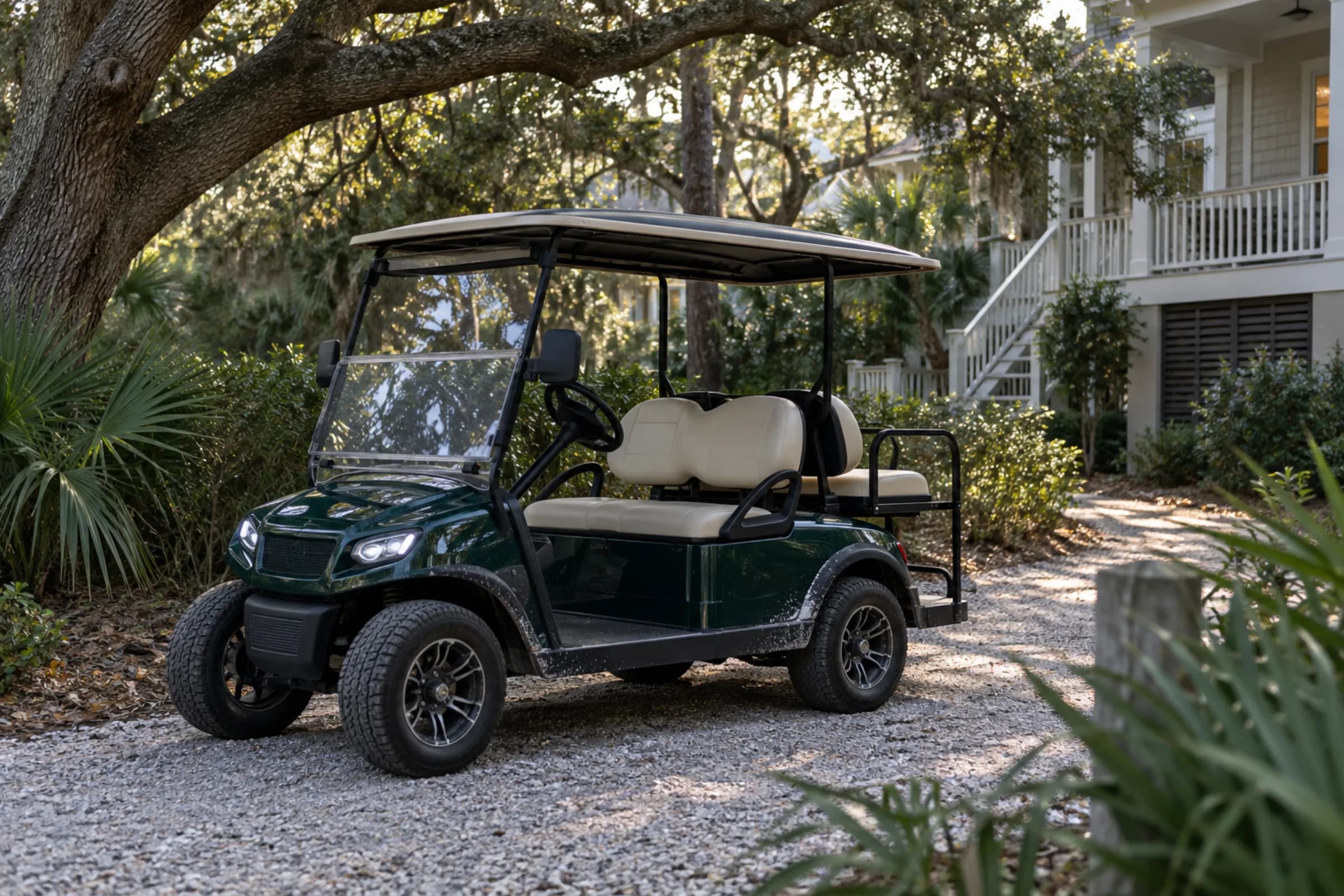 Deep green customized golf cart on a shaded Sullivan's Island driveway