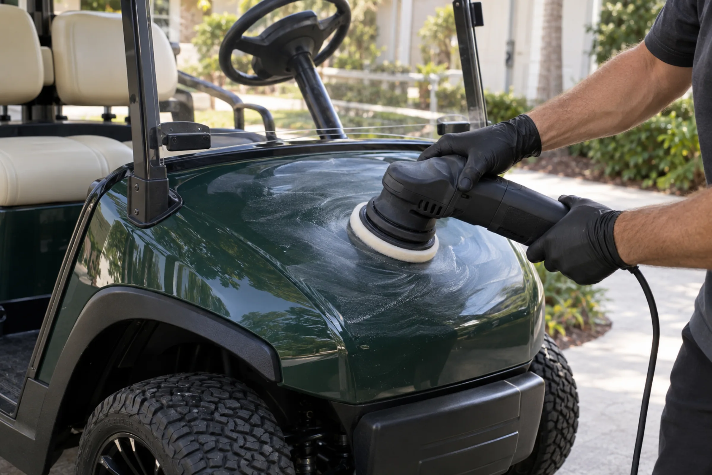 Detailer polishing the front cowl of a customized golf cart