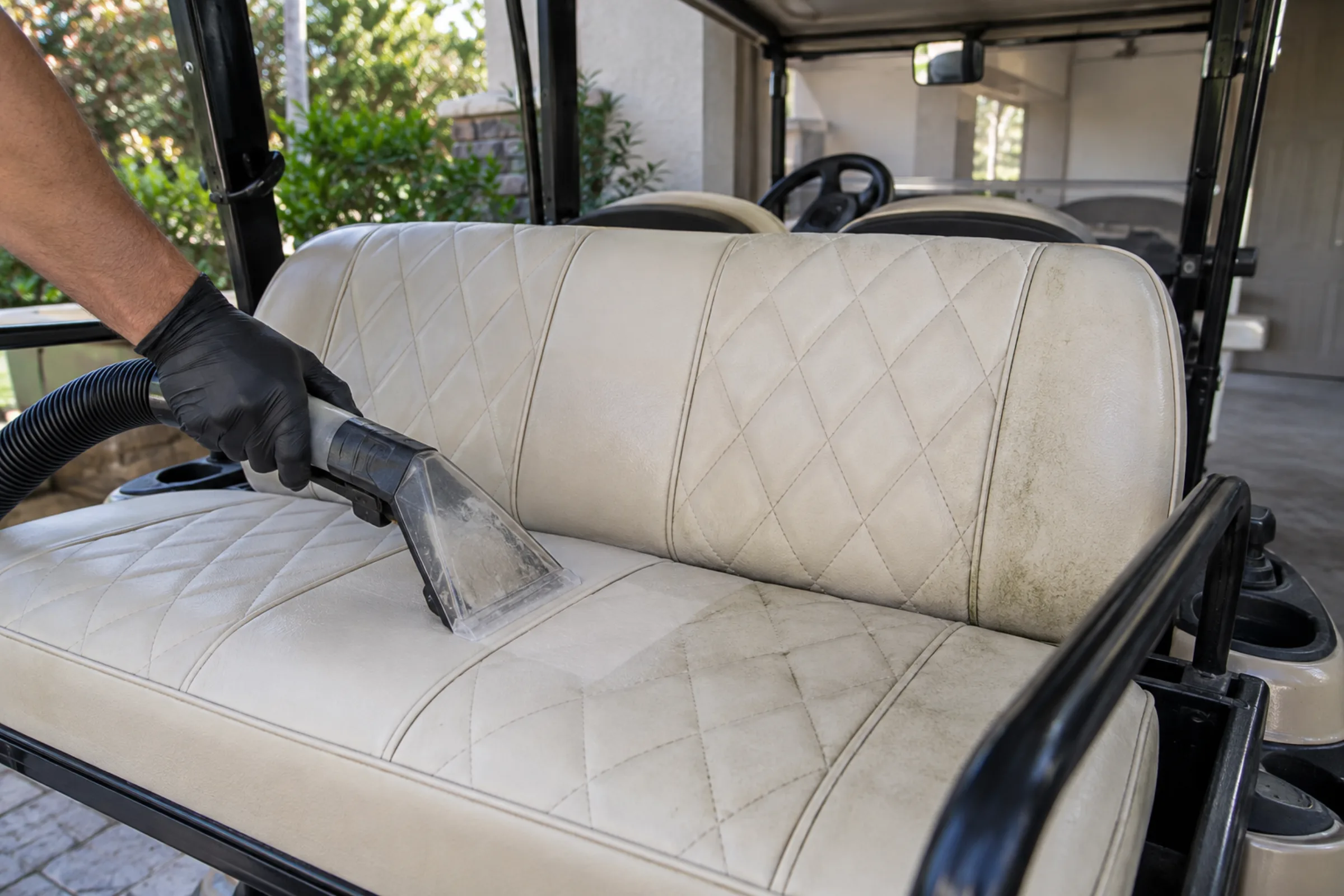 Hot-water extraction cleaning a cream marine-vinyl golf cart bench