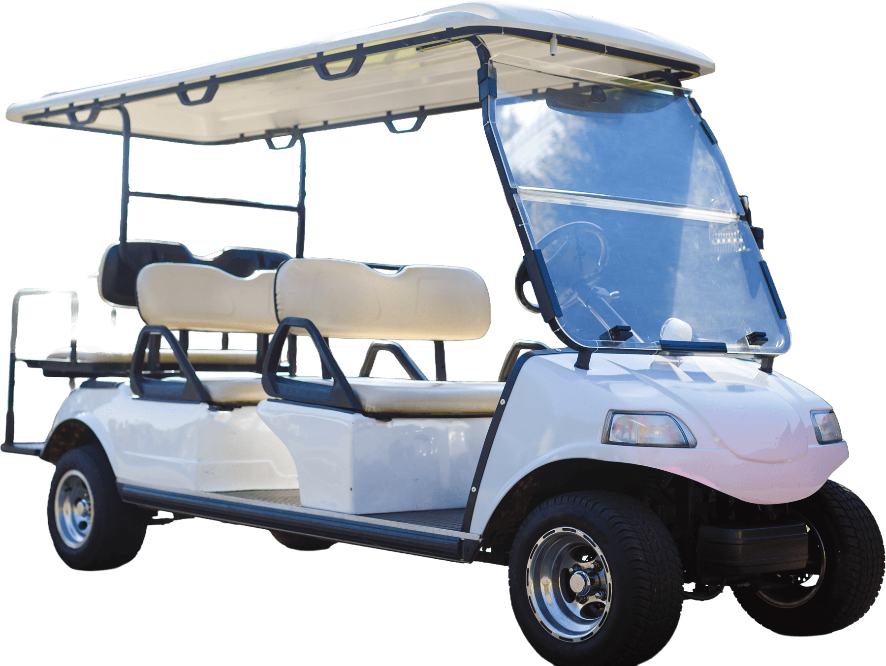 White six-passenger street-legal golf cart, cut out on the page's dark background