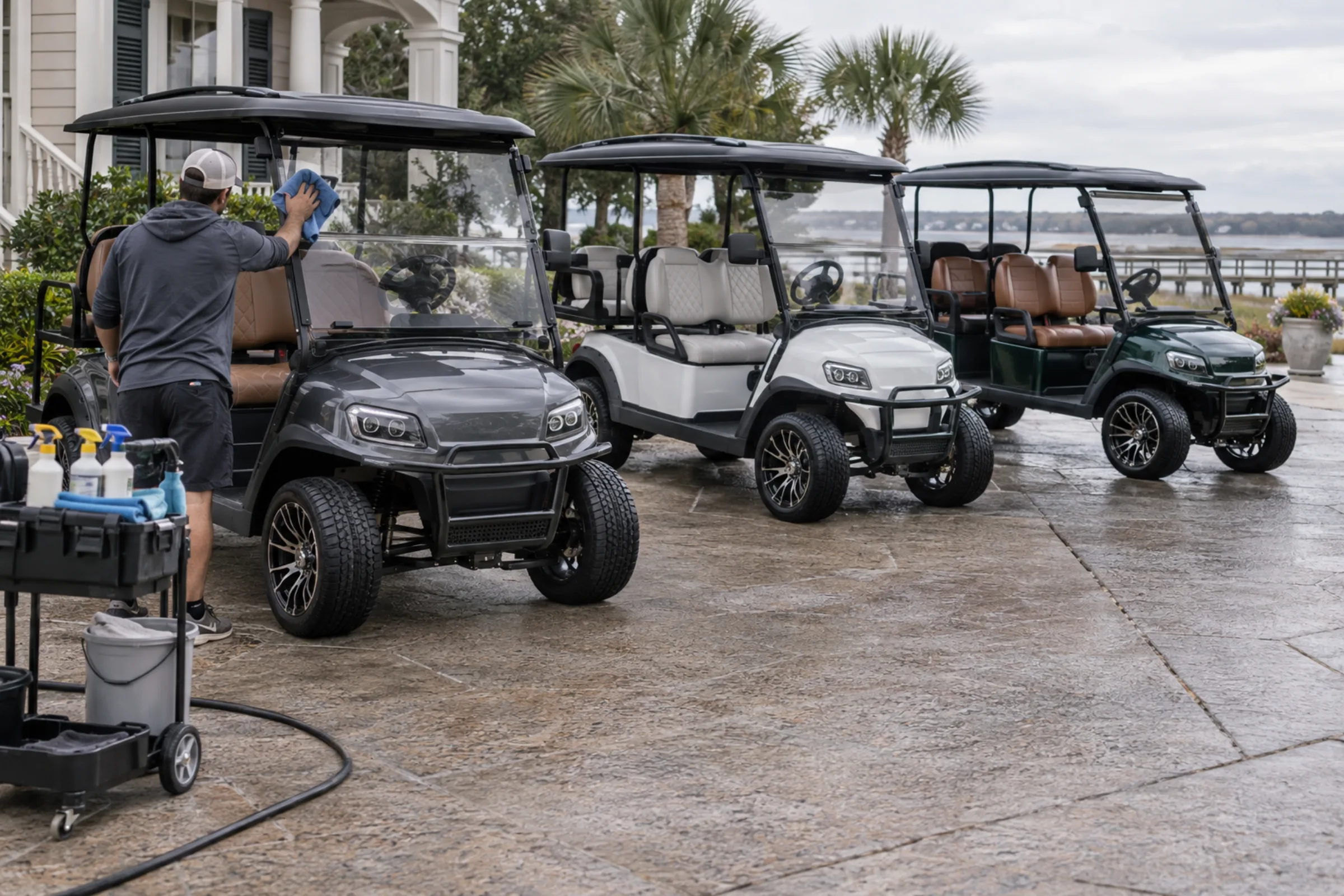 Three customized golf carts lined up for coordinated fleet detailing