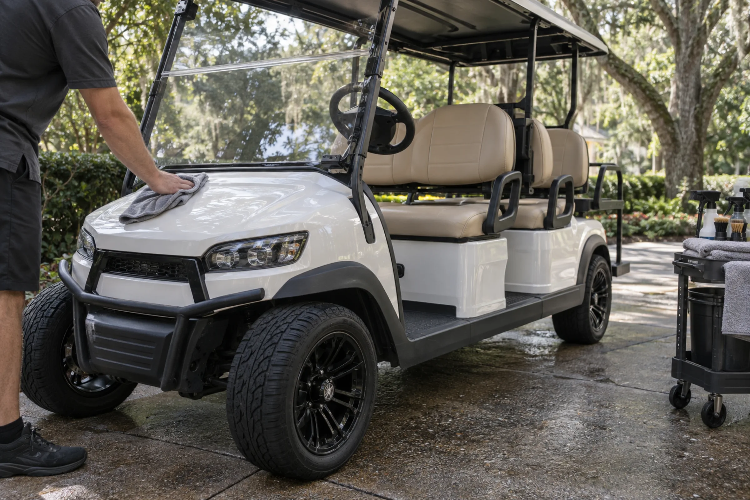 Detailer finishing the front cowl of a customized white golf cart in a Charleston driveway