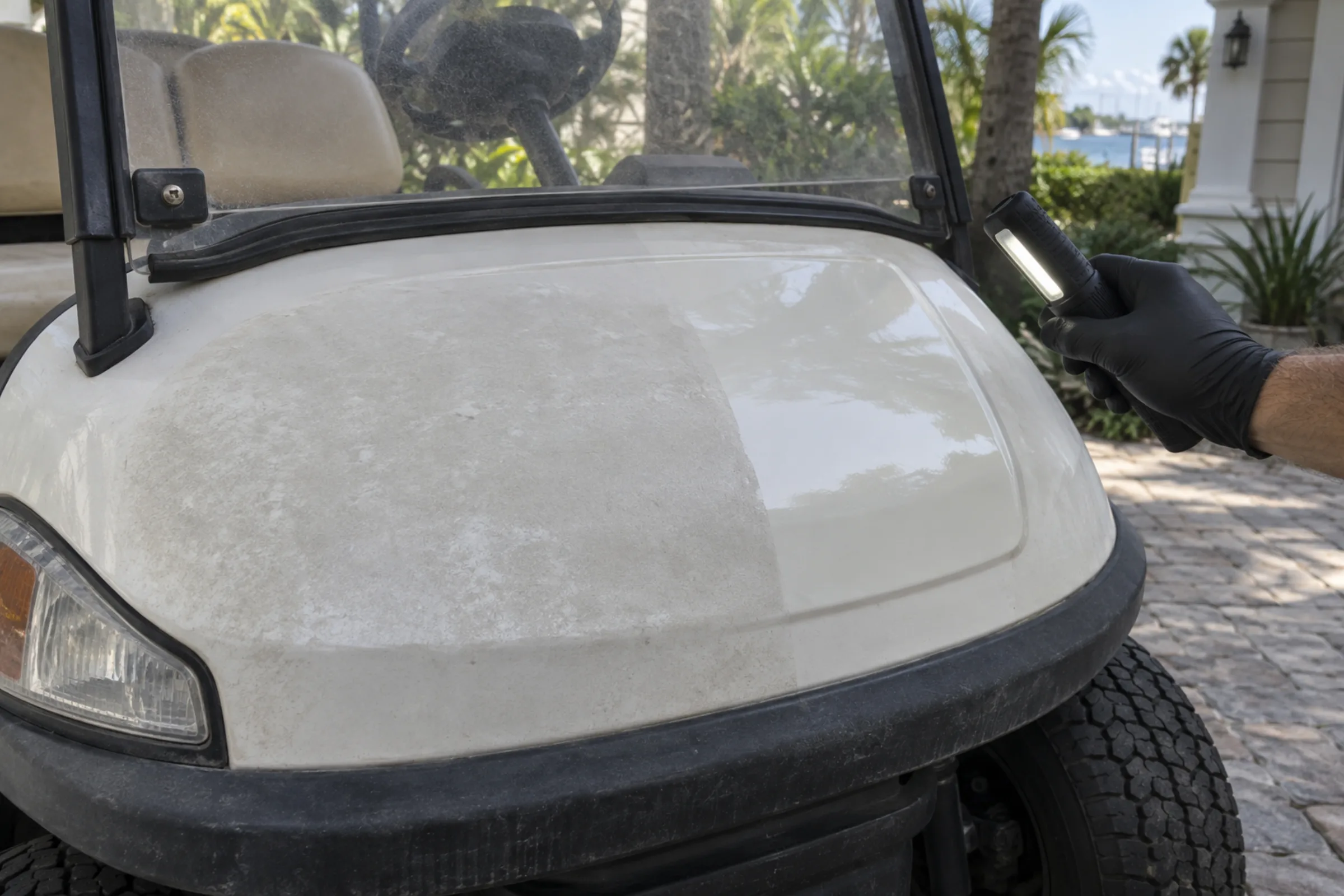 Chalky white golf cart cowl being inspected during oxidation removal