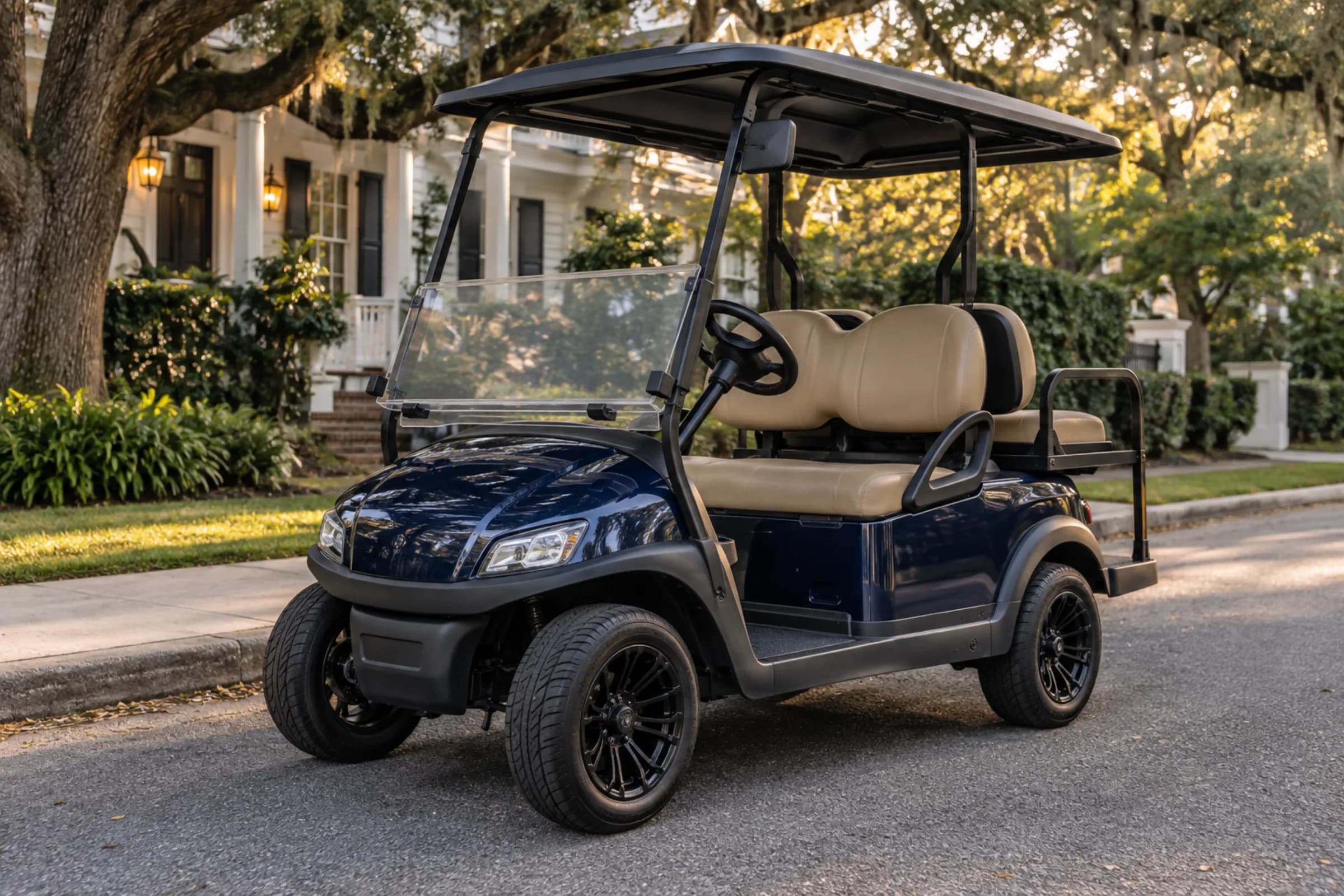 Polished navy customized golf cart ready for sale on a Charleston neighborhood street