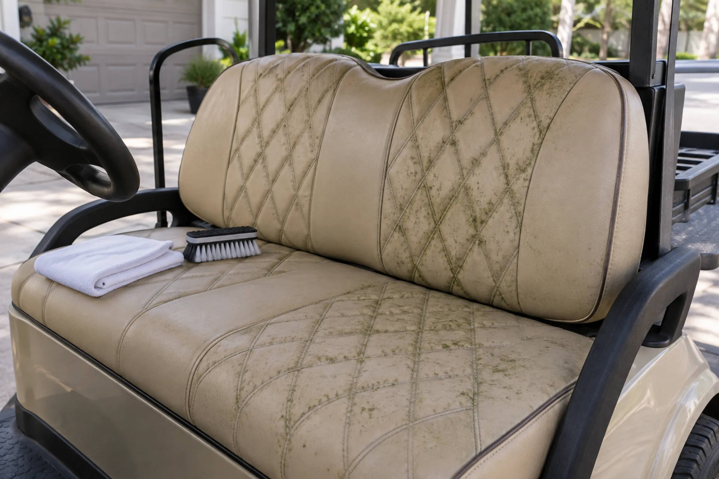 Mildew spotting along the seams of a tan marine-vinyl golf cart seat
