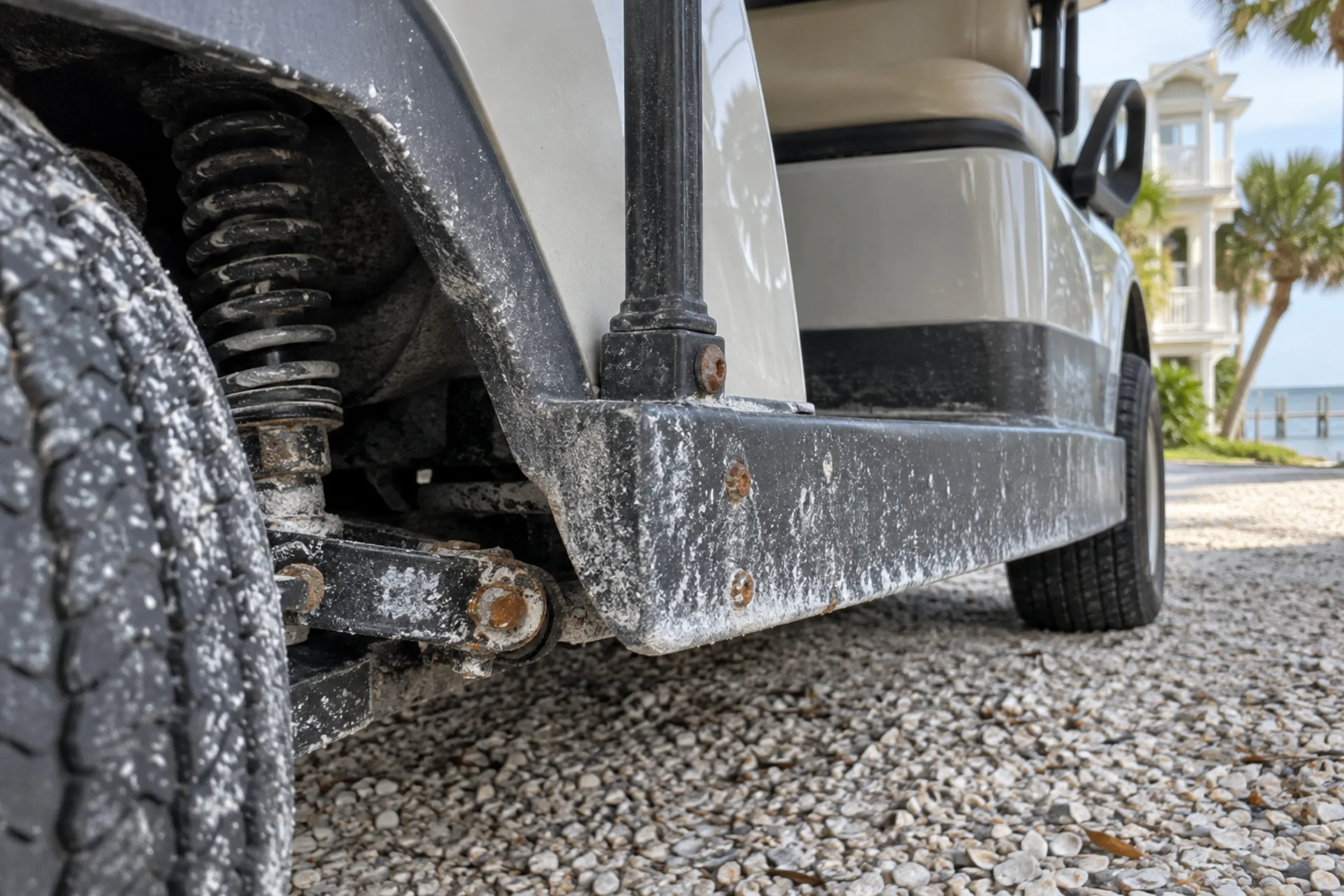 Salt residue and early corrosion on the frame and suspension of a coastal golf cart