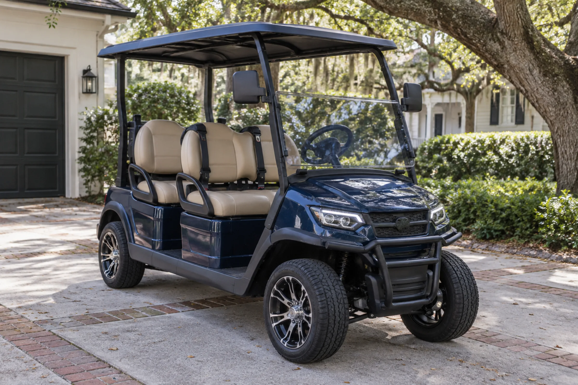 Polished customized street-legal golf cart photographed for resale