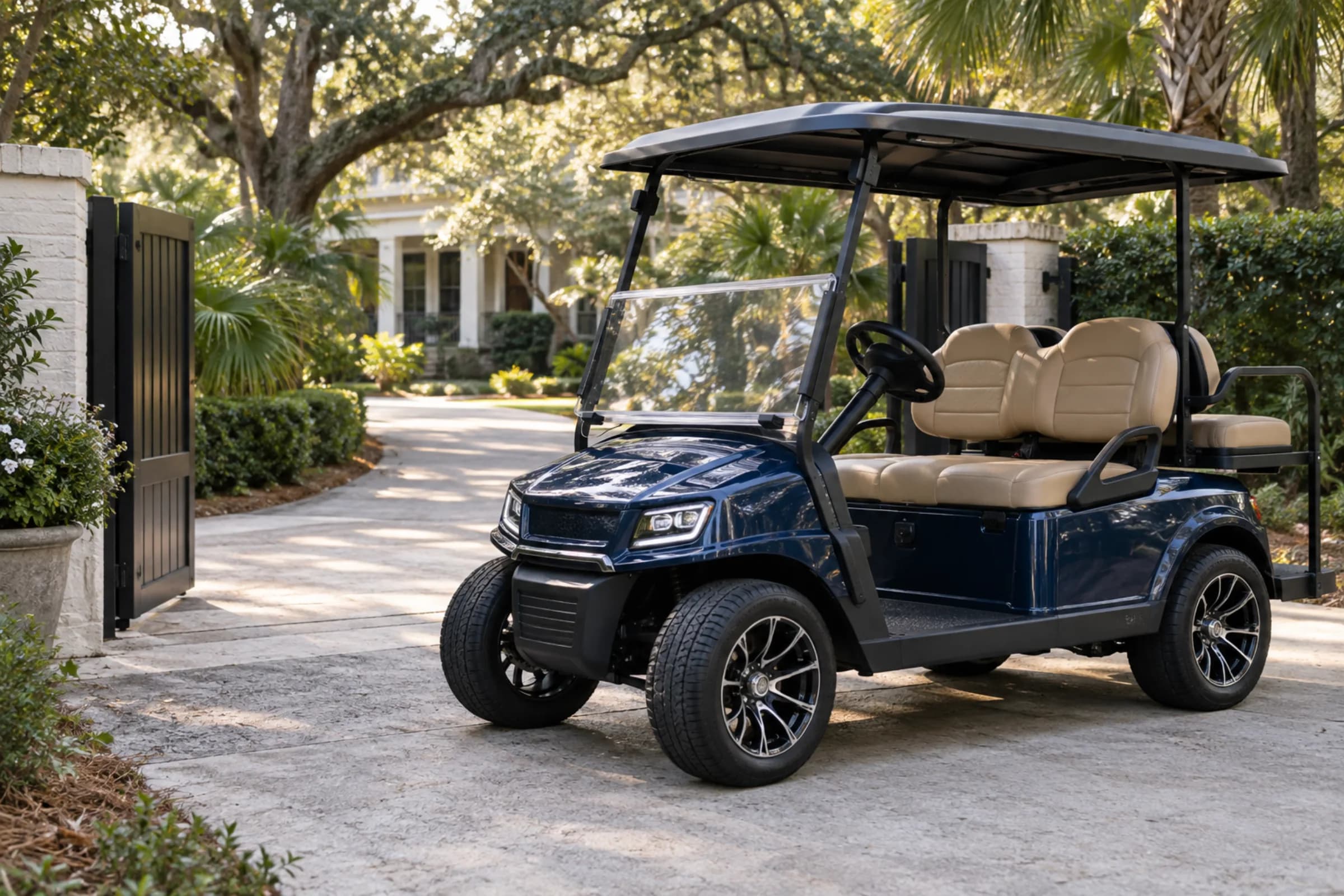 Clean customized golf cart waiting in a tree-lined Charleston driveway
