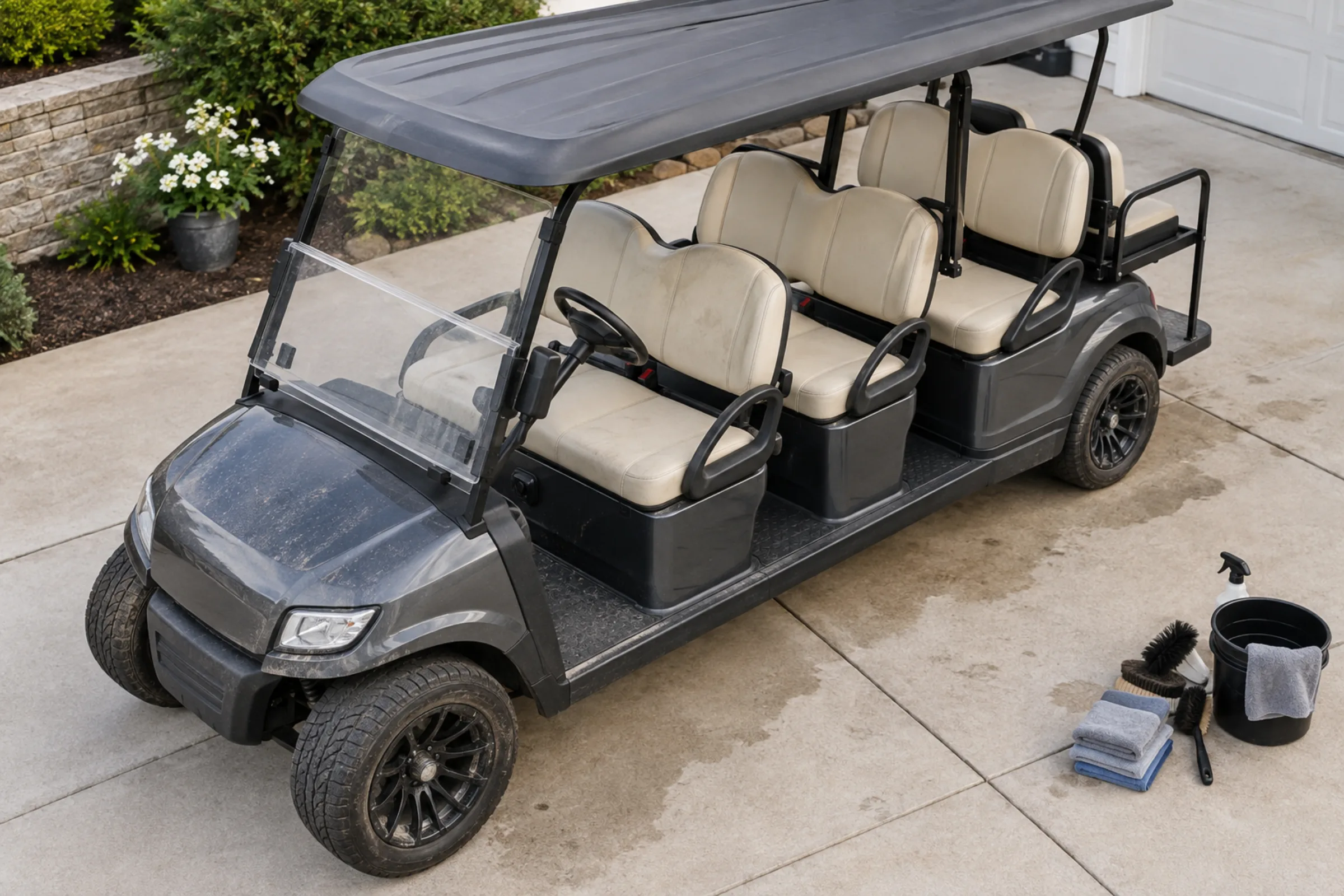 Customized golf cart prepared for detailing with its body, seats, and wheels visible