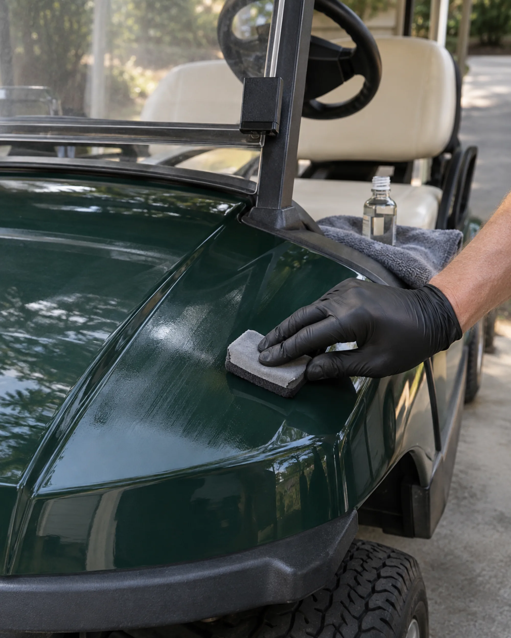 Gloved hand applying ceramic coating to a corrected golf cart cowl