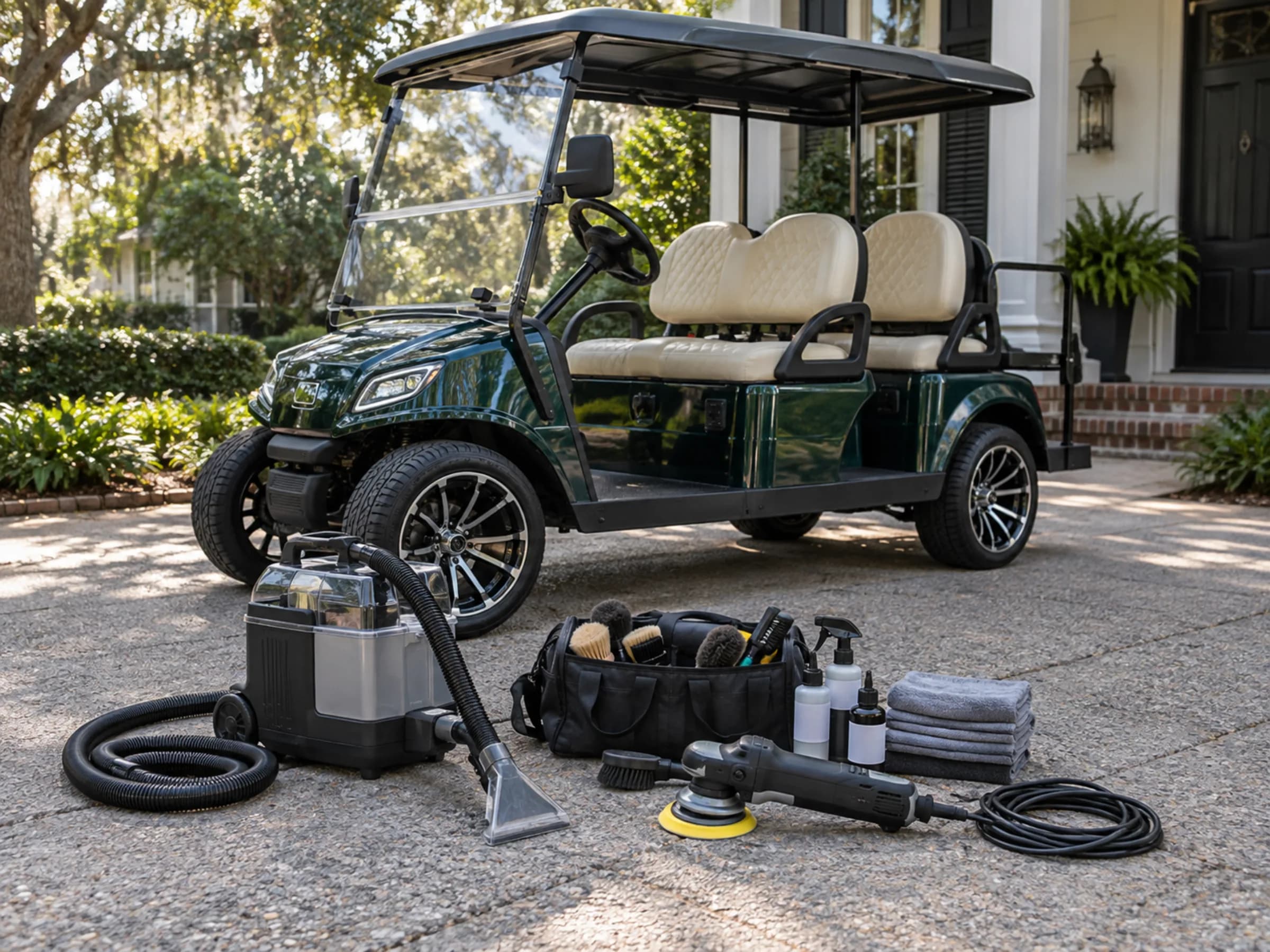 Detailing equipment organized beside a customized green golf cart in a driveway