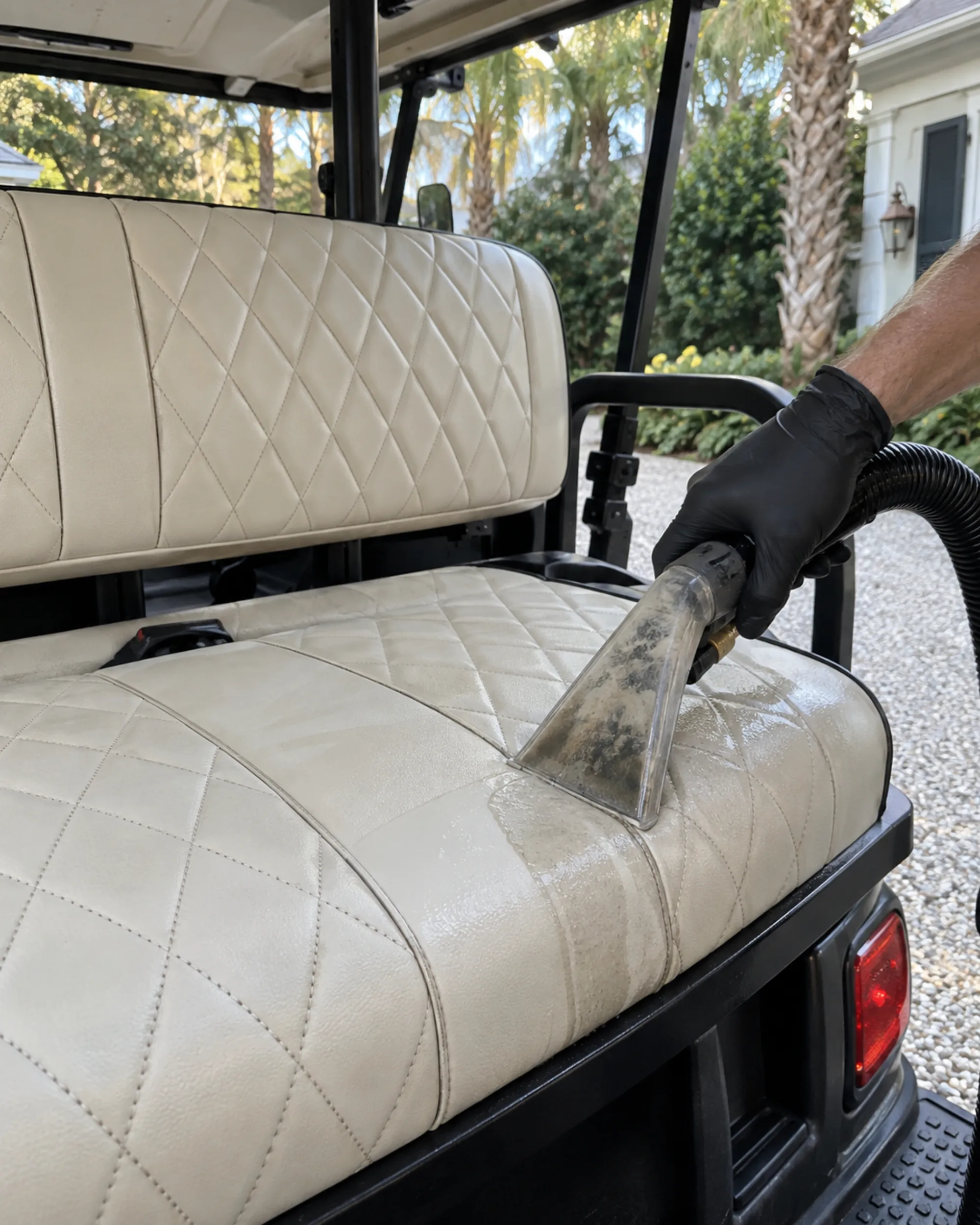 Hot-water extractor cleaning a cream marine-vinyl golf cart bench