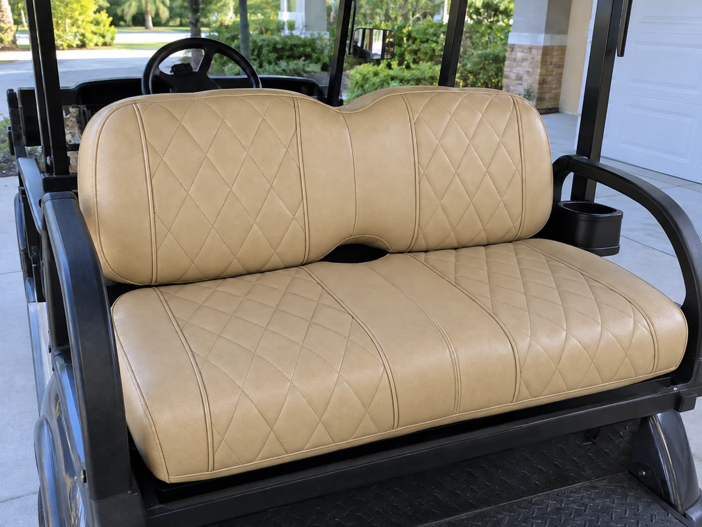 Same tan golf cart bench clean after extraction with its original stitching preserved