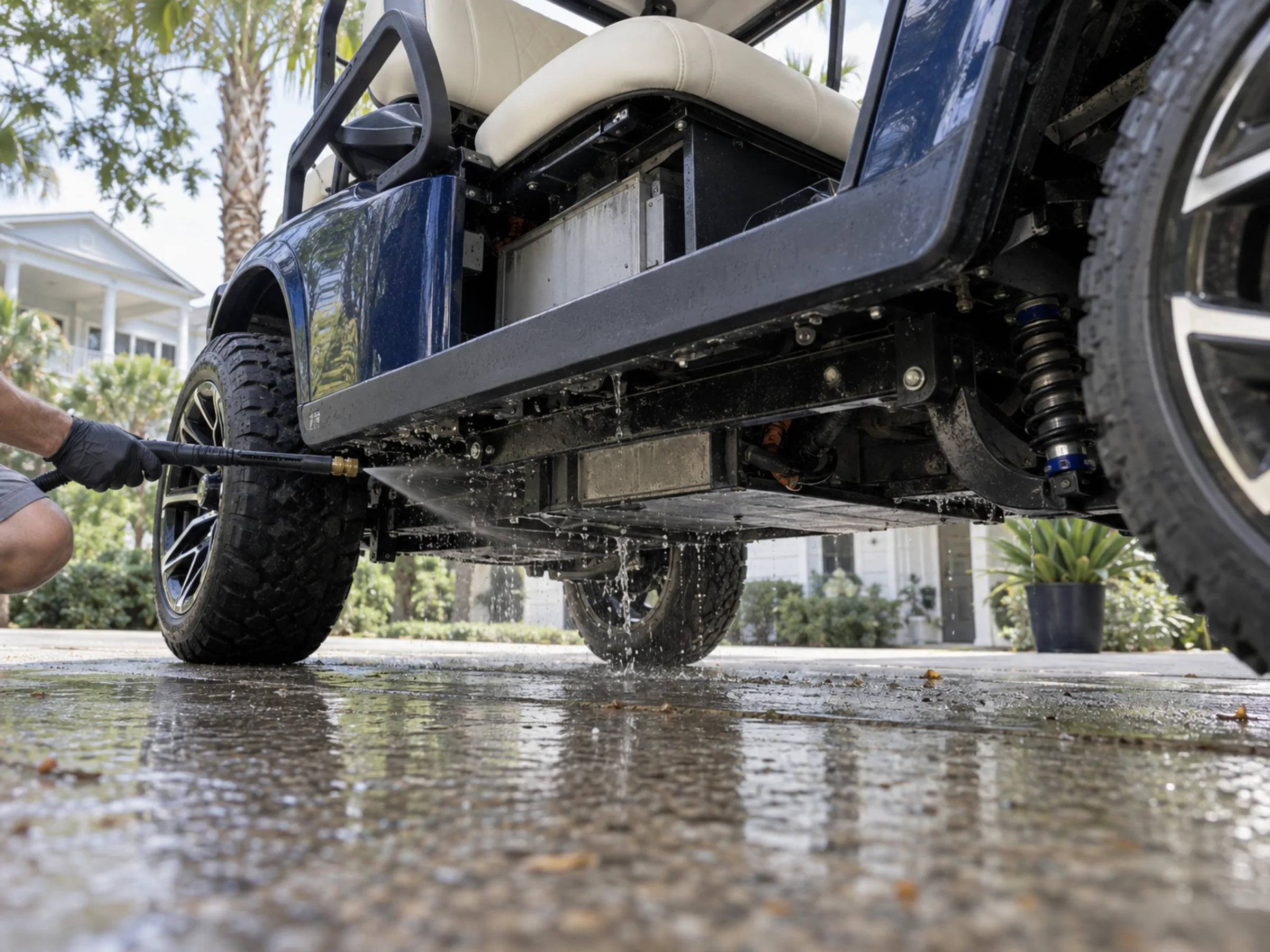 Low-pressure rinse removing salt residue from a lifted golf cart frame